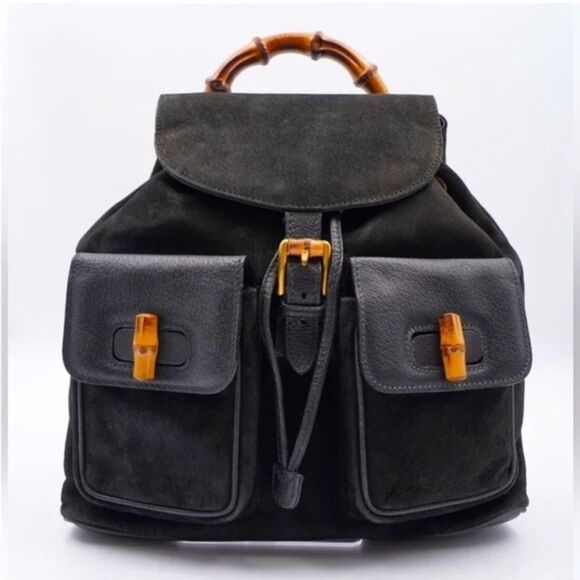 Gucci Handbags - Gucci Black Suede Backpack with Bamboo Details